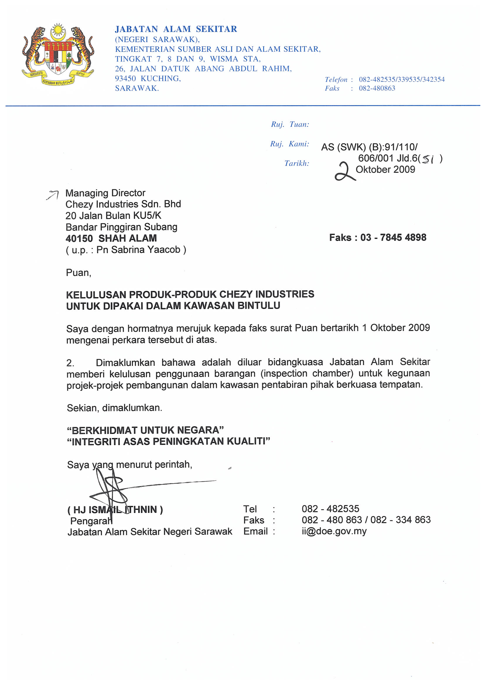 Surat Rasmi Kepada Jabatan Alam Sekitar  Rasmi My